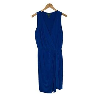 *Ralph Lauren Sz 10 Blue Faux Wrap Sleeveless Stretch Sheath Dress Career Work